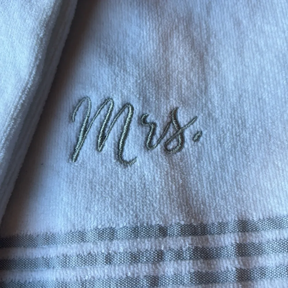 White Mr. & Mrs. Velour Sonoma Hand Towels. 16 x 23 inches